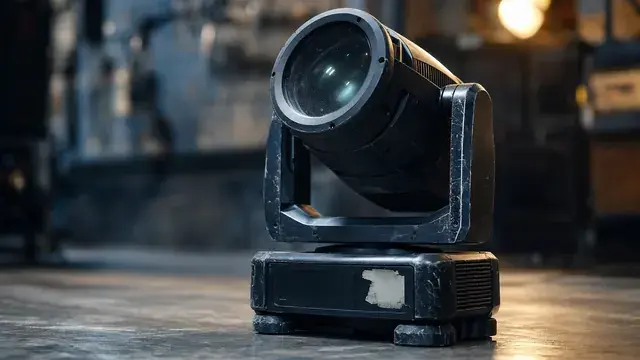 A photo-realistic close-up of a road-worn black professional moving-head lighting fixture sitting on a workshop floor, lit with cool blue ambient light and a warm amber rim from upper right.