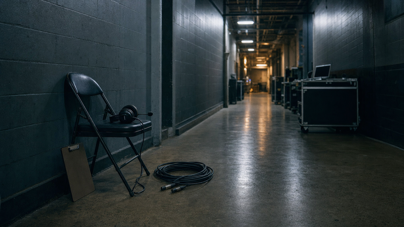 Empty arena backstage corridor before doors, a folding chair with a headset, coiled XLR cable on the concrete floor, dim utility lighting, no people in the frame.