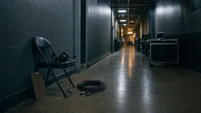 Empty arena backstage corridor before doors, a folding chair with a headset, coiled XLR cable on the concrete floor, dim utility lighting, no people in the frame.