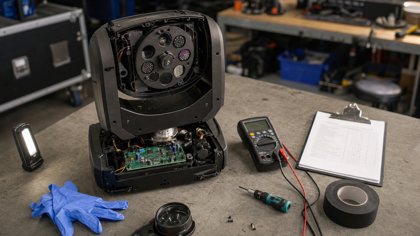 Pro-AV repair workshop bench with a disassembled moving-head fixture revealing the gobo wheel and DMX board, a digital multimeter, a torque screwdriver, a clipboard, nitrile gloves, gaffer tape, and an LED inspection lamp on a neutral grey work surface.