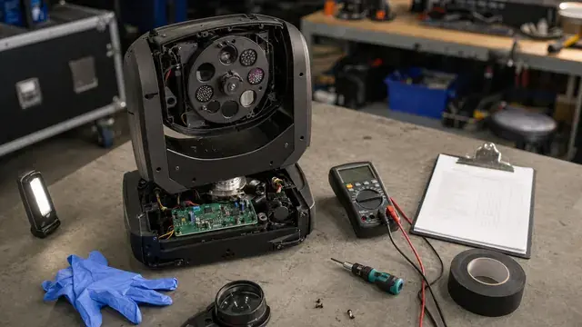 Pro-AV repair workshop bench with a disassembled moving-head fixture revealing the gobo wheel and DMX board, a digital multimeter, a torque screwdriver, a clipboard, nitrile gloves, gaffer tape, and an LED inspection lamp on a neutral grey work surface.