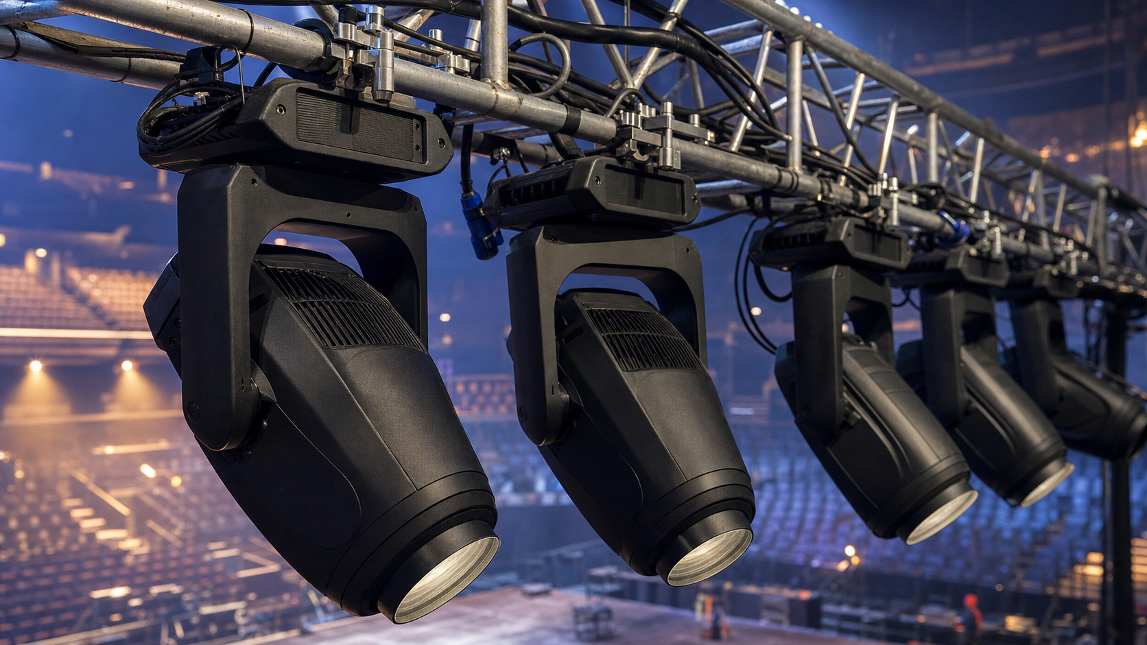 A row of matte black LED moving-head fixtures clamped along an aluminum truss in an arena, seen from truss level with empty seats in soft blue and amber haze behind