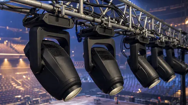 A row of matte black LED moving-head fixtures clamped along an aluminum truss in an arena, seen from truss level with empty seats in soft blue and amber haze behind