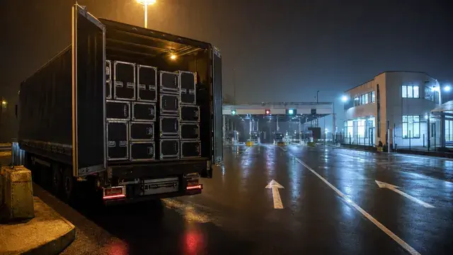 Rear of a semi trailer at a wet nighttime border-crossing customs bay, its doors open showing stacks of black flight cases, with a customs gantry and office building lit in the background