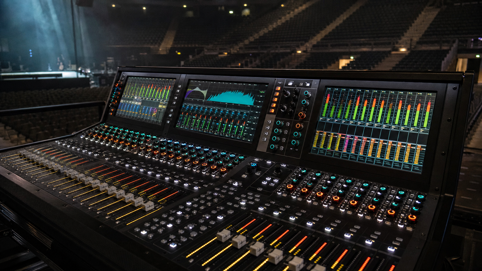Large digital audio mixing console at a front-of-house position in an empty arena during soundcheck, three touchscreens showing waveform meters and level bars, illuminated faders and encoders across the surface
