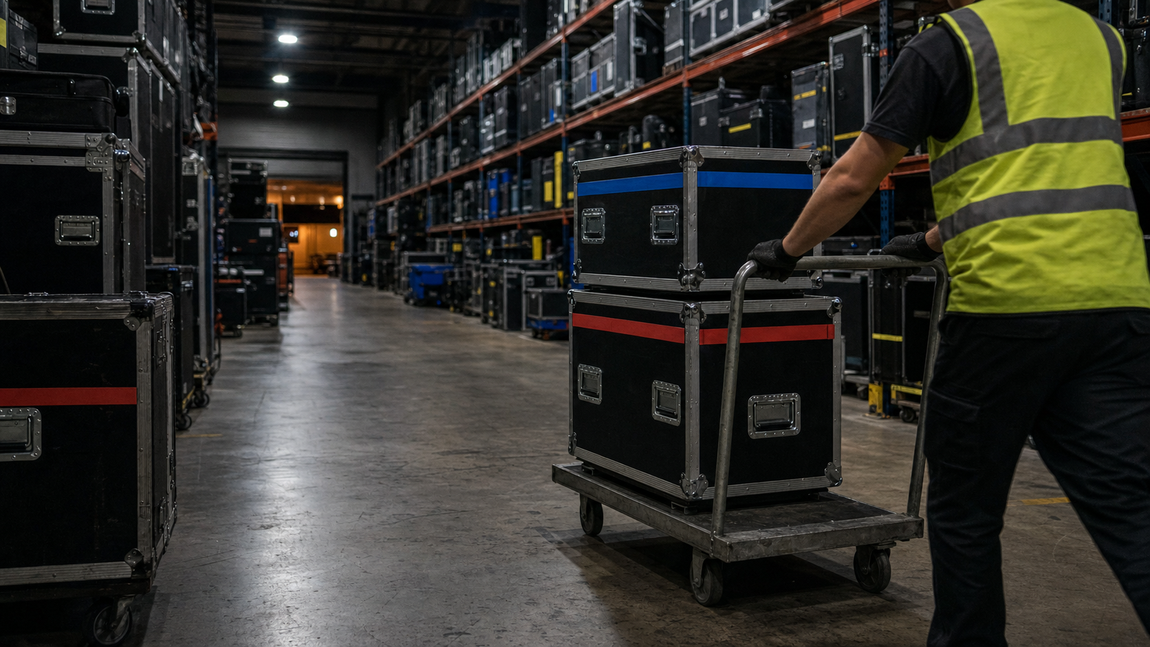 Night interior of a professional AV rental warehouse aisle, worker in high-visibility vest pushing a metal transit dolly stacked with two large black flight cases marked with red and blue gaffer-tape identification strips, tall racks of road cases on both sides, warm sodium light spilling from a distant doorway