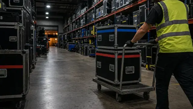 Night interior of a professional AV rental warehouse aisle, worker in high-visibility vest pushing a metal transit dolly stacked with two large black flight cases marked with red and blue gaffer-tape identification strips, tall racks of road cases on both sides, warm sodium light spilling from a distant doorway
