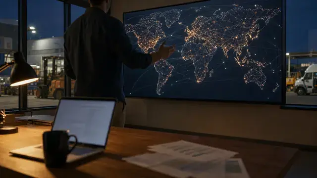 Evening interior of a rental operations office, an operator standing in front of a large wall-mounted display showing an abstract world network map of glowing orange and white connection points across continents, wooden desk in the foreground with an open laptop and coffee mug, blurred forklift and warehouse activity visible through tall windows at dusk