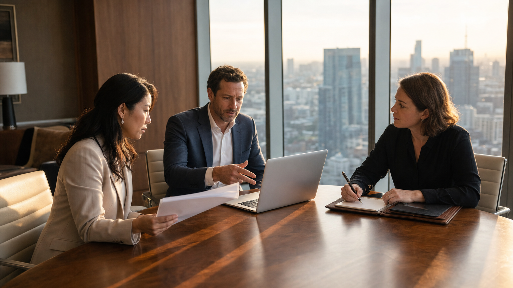 Late afternoon executive conference room with three professionals seated around a long polished walnut table reviewing printed documents and an open silver laptop, warm golden hour light raking sideways across the wood surface, floor to ceiling windows behind them opening onto a hazy modern city skyline