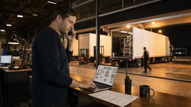 Late-night AV rental warehouse dispatch desk with an operator on the phone next to two trucks staged at the loading dock