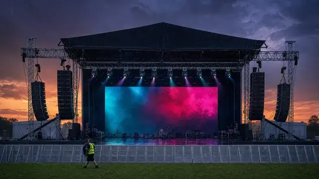 Wide dusk view of a large open-air festival main stage after soundcheck with a weatherproof line array hang above the deck, moving heads on the downstage truss, and an LED wall glowing softly against a bruised purple sky, empty barricade in the foreground and a light rain visible in the air