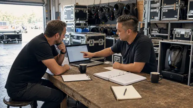 Two rental-house operators facing each other across a warehouse workbench with a laptop, an open rate card binder, coffee mugs, notepad, and flight cases in the background