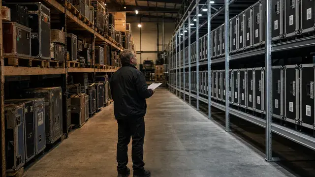 Evening view down a long rental warehouse aisle where one half is packed with older mixed flight cases and hand-labeled shelving and the other half holds uniform new cases with matching labels, a single operator standing between them holding a clipboard