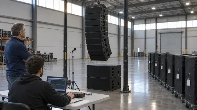 A used line array of large black loudspeaker cabinets flown low on a chain hoist in an empty warehouse test bay, a buyer and a technician with a laptop standing at a folding table listening, numbered inspection tags on stacked cabinets nearby
