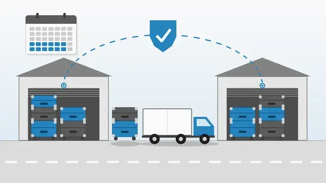 Flat blue and grey illustration of two warehouses holding stacks of road cases, joined by a dashed route under a shield with a check mark, with a box truck between them and a calendar whose final weeks are highlighted